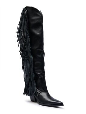 Azalea Wang SZYMON Black Western Boots With Fringe Detailing